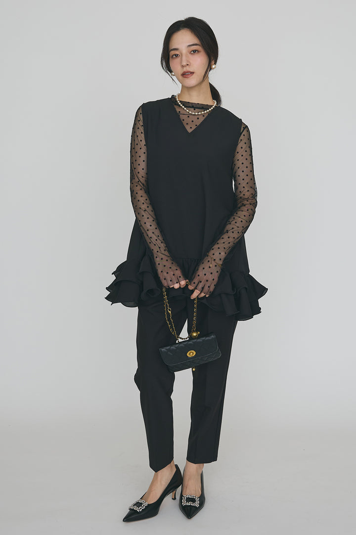[予約/SET]シアードットフロッキートップス+異素材フリルヘムVネックチュニック+タックテーパードパンツ(3set)