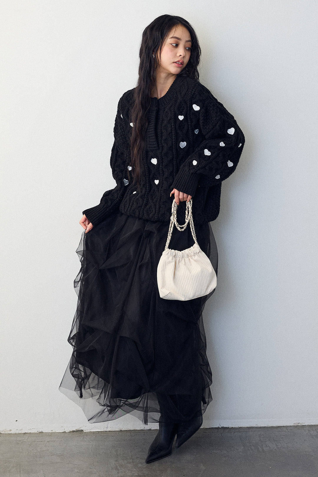 [予約/SET]ハート刺繍ケーブルデザインニット+マルチパターンタックチュールスカート(2set)