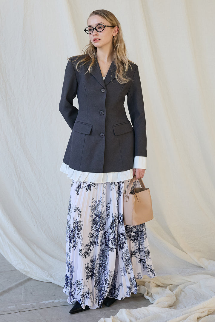 [予約/SET]プリンセスラインフリルドッキングジャケット+モノトーントワル柄プリーツスカート(2set)