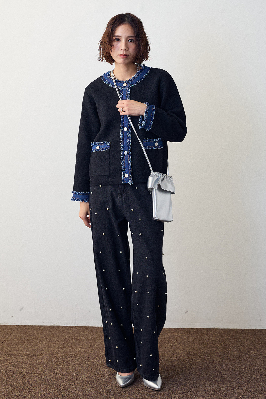 [予約/SET]デニムドッキングマルチパターンカーデ+パールスタッズストレートハイウエストデニム(2set)