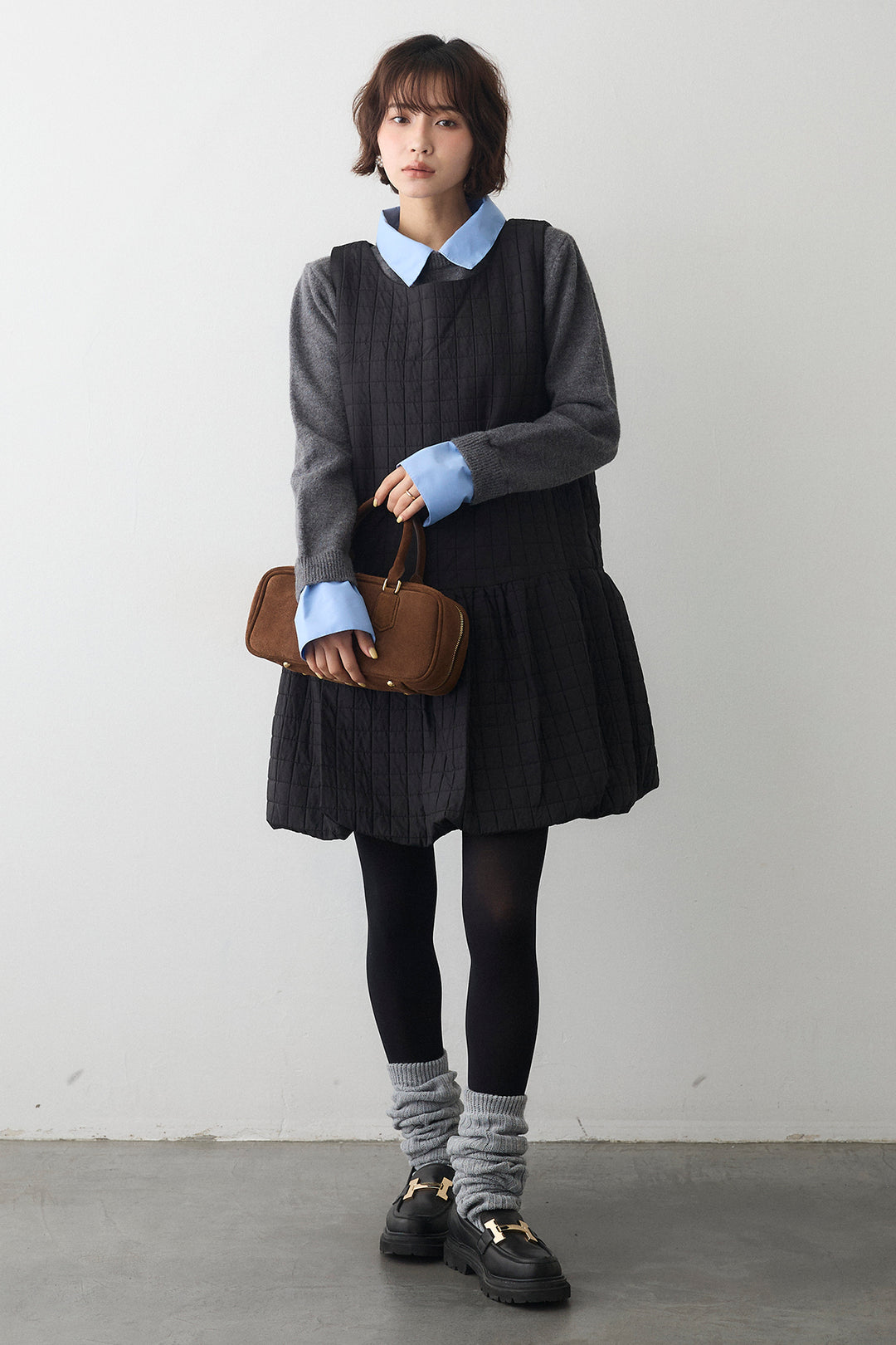 [予約/SET]シャツレイヤードニットプルオーバー+キルティングデザインミニジャンスカ(2set)