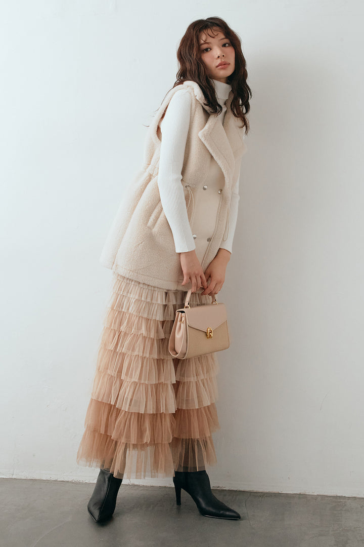 [予約/SET]ベーシックリブタートルニット+テディボアウエストドロストベスト+グラデーションチュールティアードスカート(3set)