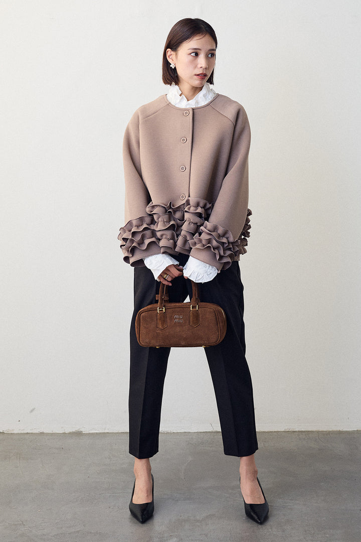 [予約/SET]ローズモチーフフリルカラーシャツ+フリルティアードボンディングクロップドコート+タックテーパードパンツ(3set)