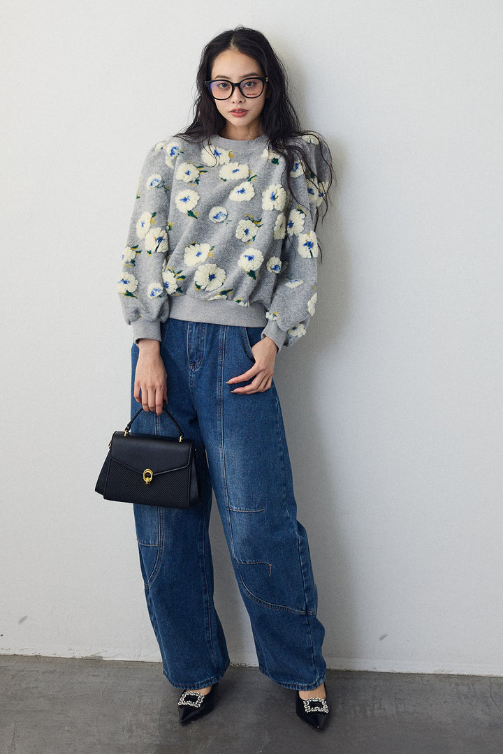 [予約/SET]ボアフラワーモチーフニット+ステッチ美ラインカーブデニムパンツ(2set)