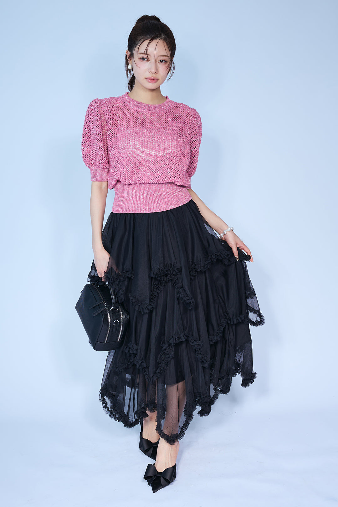[予約/SET]ラメ混パフスリーブハーフスリーブニット+ムードチュールフリルスカート(2set)