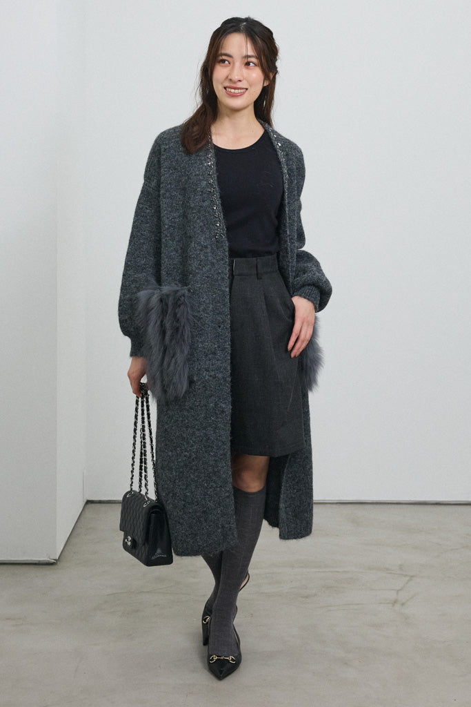 [予約]ファーポケットロングニットカーデ