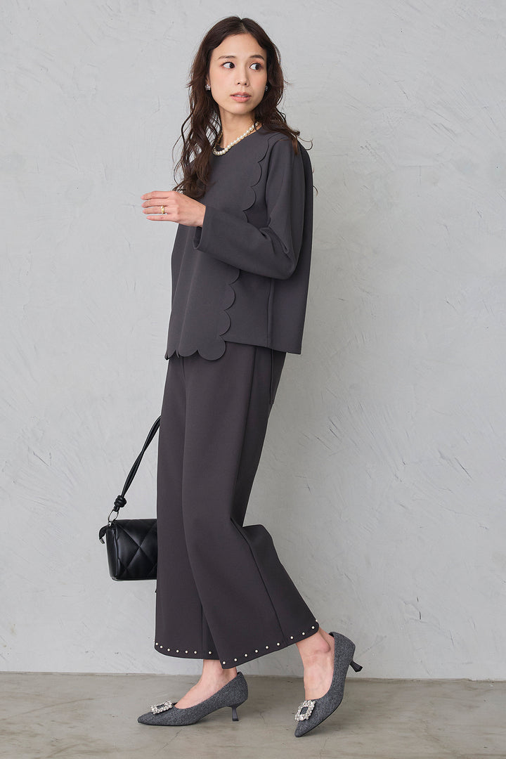 [予約/SET]アシメスカラップポンチプルオーバー+パールヘムポンチストレートパンツ(2set)