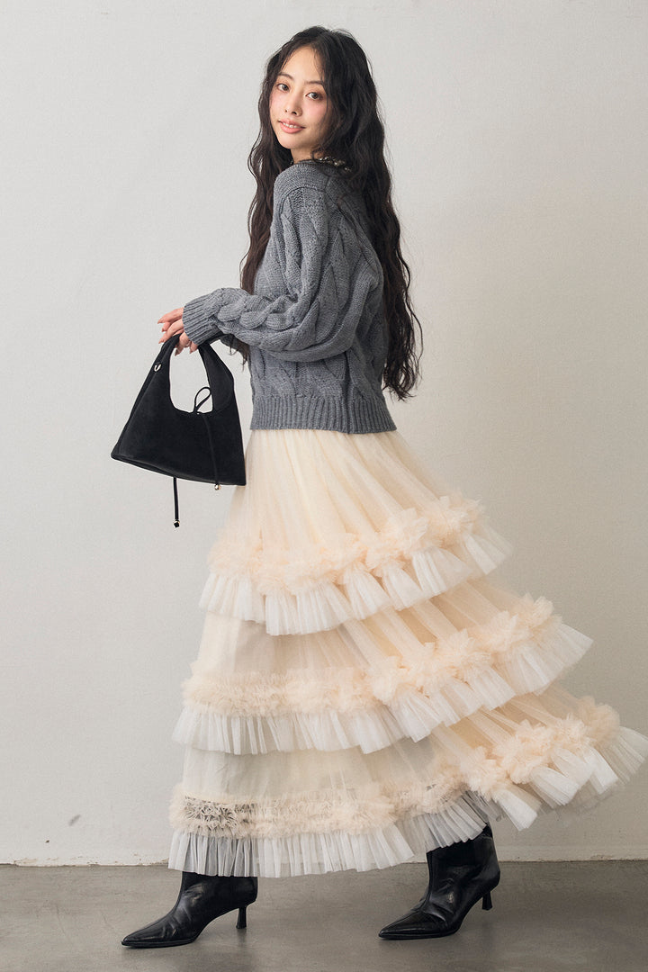 [予約/SET]ネックパールケーブル編みニット+配色フリルティアードロマンティックスカート(2set)