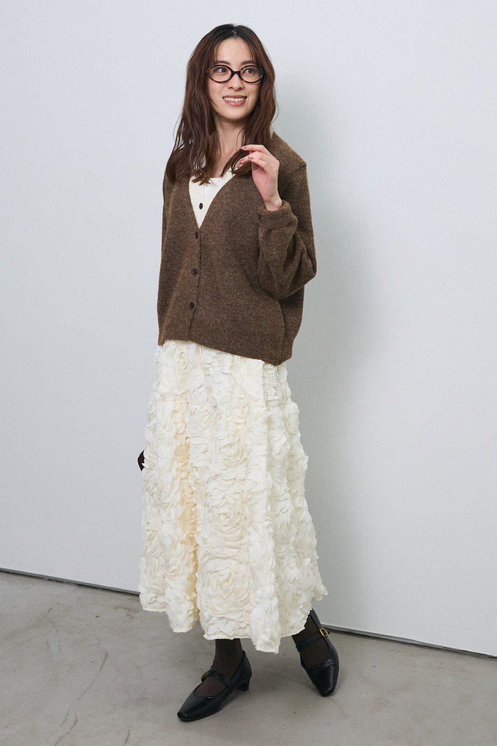 [予約/SET]配色レイヤードニットカーデ+ローズフラワー立体フレアスカート(2set)