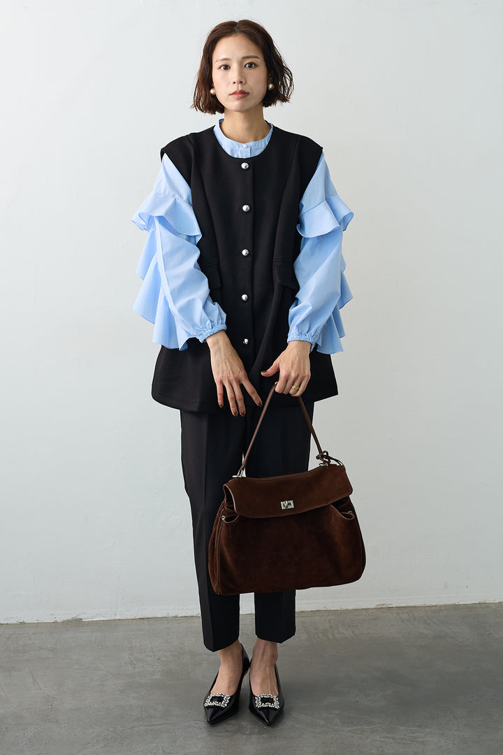 [予約/SET]ティアードフリルスリーブパールボタンブラウス+ペプラムラインシルバーボタンジレ(2set)