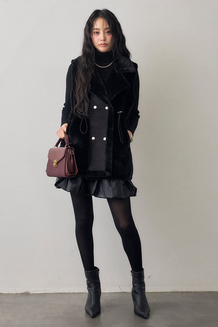 [予約/SET]テディボアウエストドロストベスト+フェイクレザーティアードバルーンミニスカート(2set)