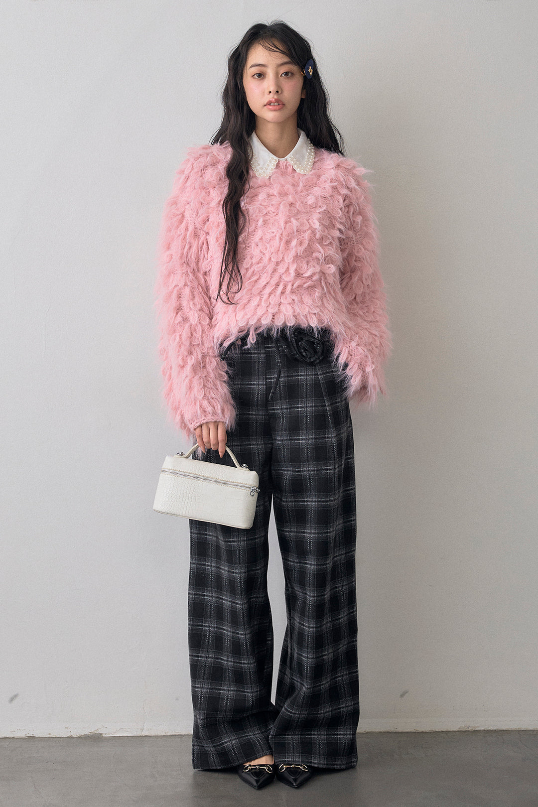 [予約/SET]ループシャプルオーバーニット+クラシカルチェックフラワーモチーフ付きパンツ(2set)