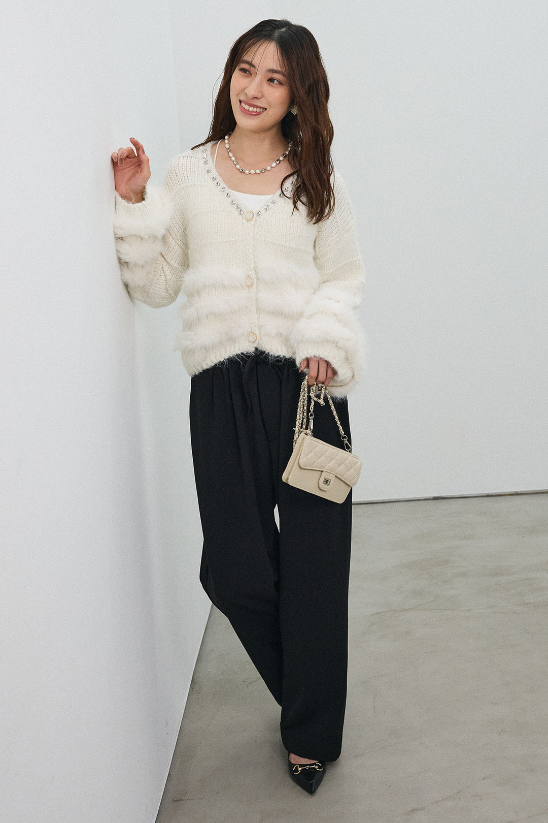 [予約/SET]ネックビジューラインファーニットカーデ+2タック美シルエットパンツ(2set)