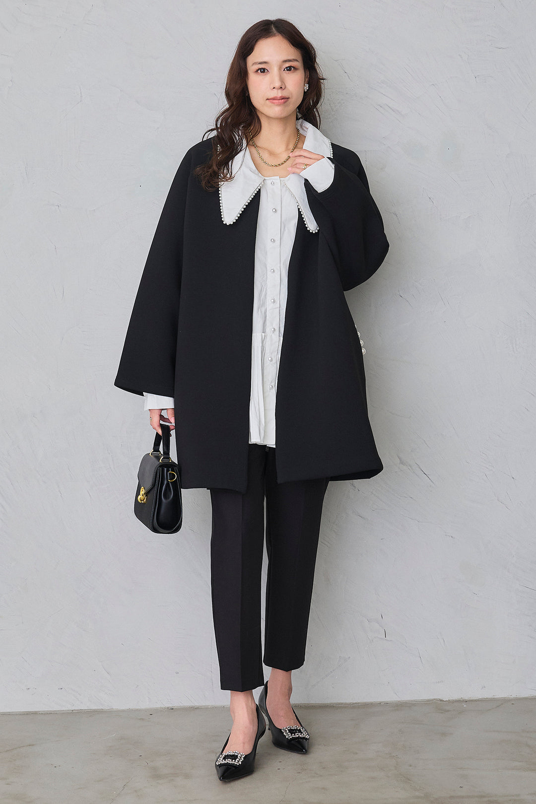 [予約/SET]パールライン襟×プリーツシャツ+ポケットパール付きダンボールコート+タックテーパードパンツ(3set)