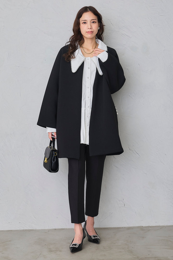 [予約/SET]パールライン襟×プリーツシャツ+ポケットパール付きダンボールコート+タックテーパードパンツ(3set)