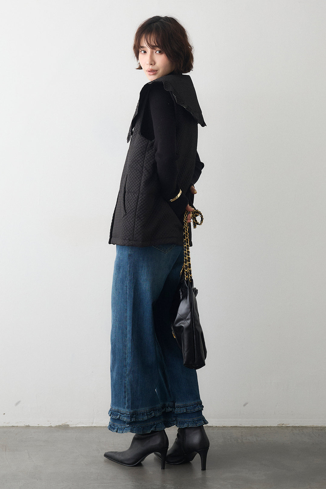 [予約/SET]スカラップBIGカラーベスト+フリルヘムデニムパンツ(2set)