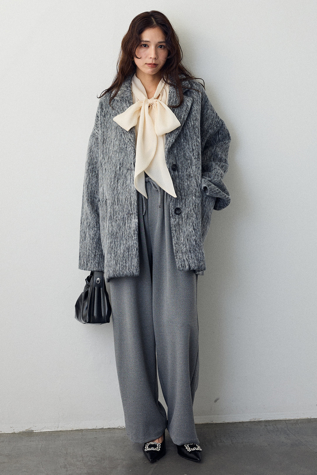 [予約/SET]前後2wayリボンシアーブラウス+シャギーミドル丈コート+2タック美シルエットパンツ(3set)