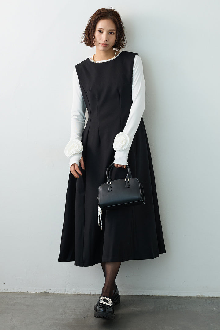 [予約/SET]フラワーモチーフポイントカットトップス+プリンセスラインフレアワンピース(2set)