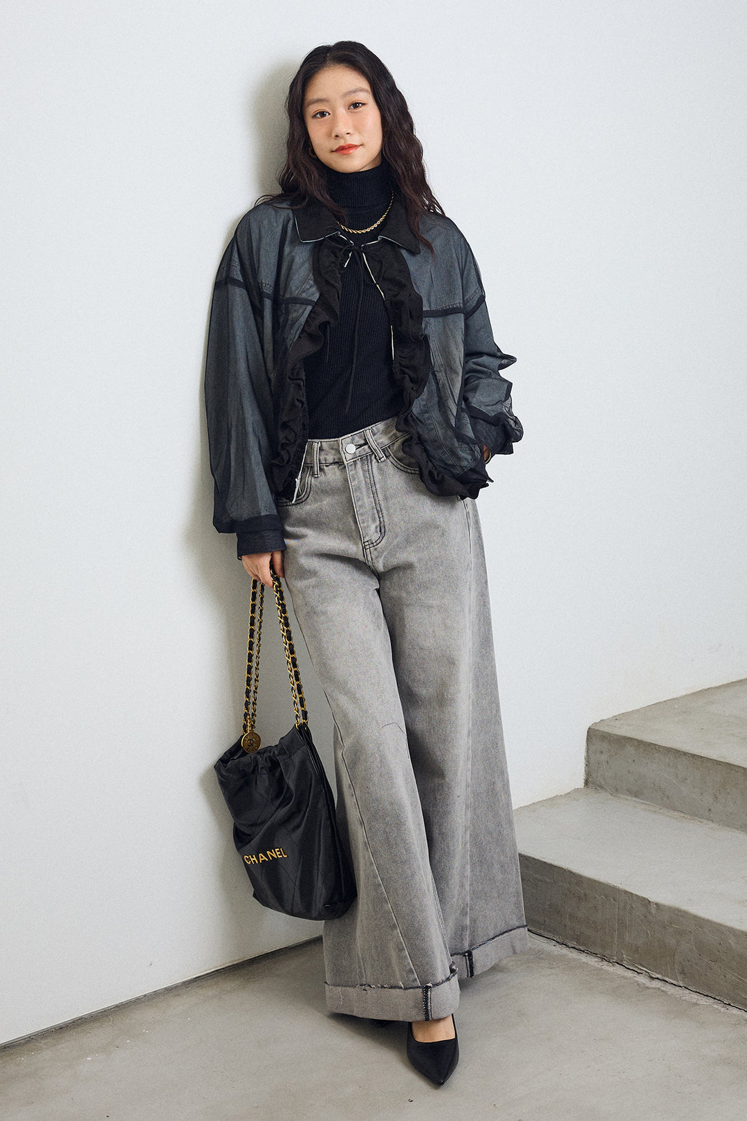 [予約/SET]デニム×チュールレイヤードフリルジャケット+切替ワイドハイウエストデニム(2set)