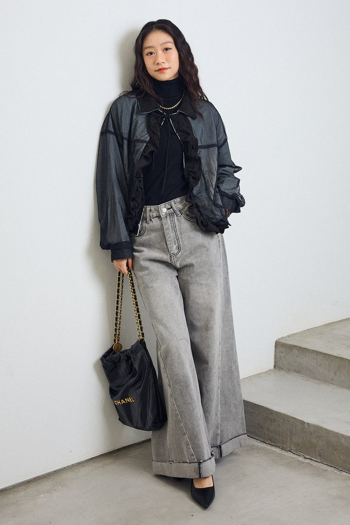 [予約/SET]デニム×チュールレイヤードフリルジャケット+切替ワイドハイウエストデニム(2set)