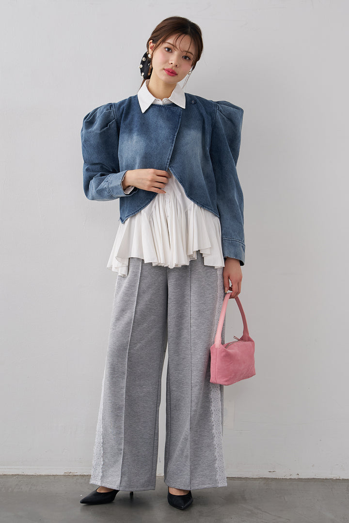 [予約/SET]パネルフレアヘムシャツ+パフスリーブショートデニムジャケット+サイドレースWフェイスカットソーパンツ(3set)