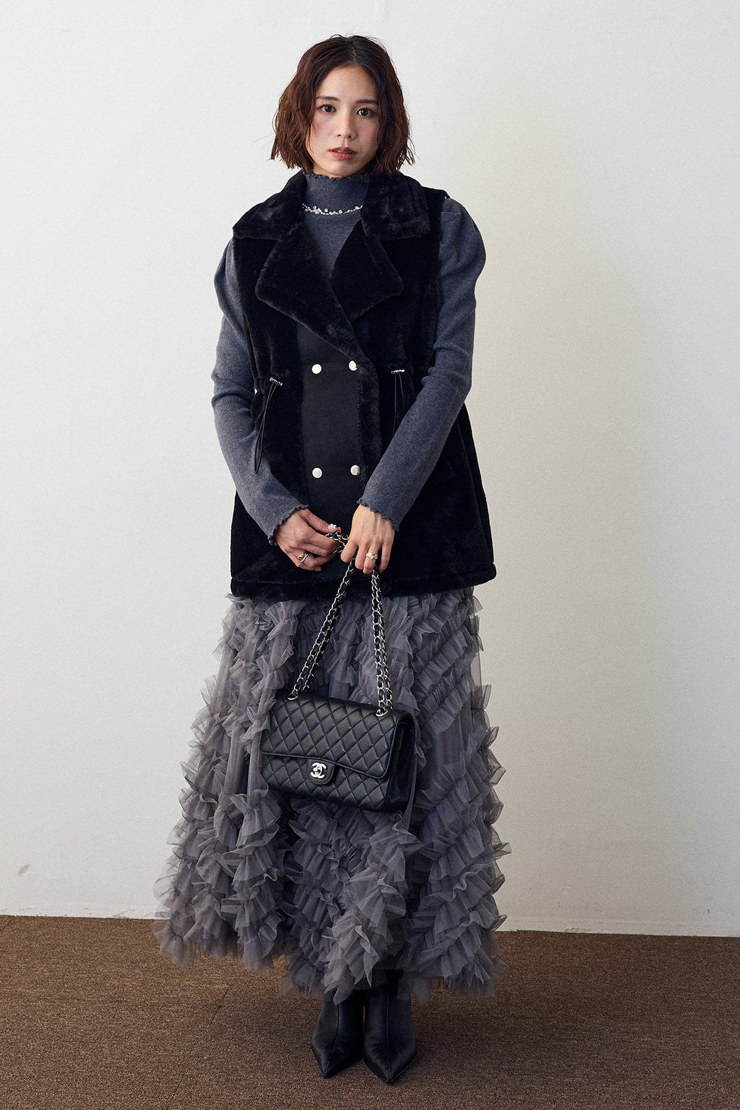 [予約/SET]テディボアウエストドロストベスト+スフレアシメチュールスカート(2set)