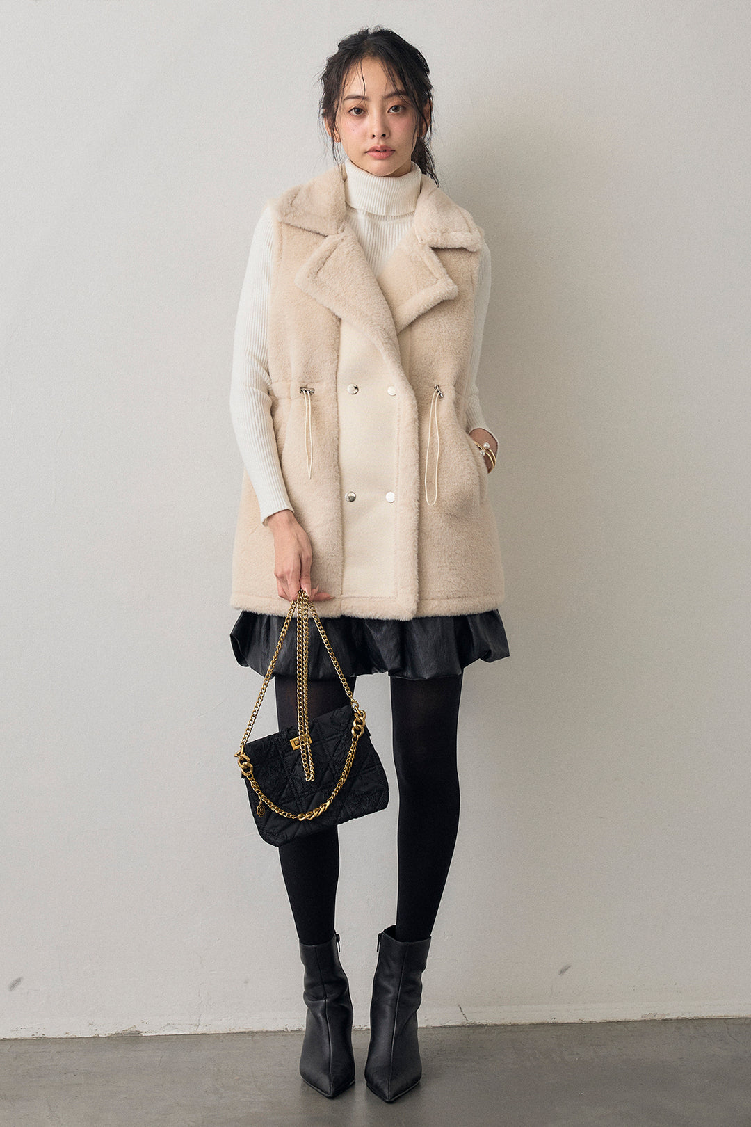 [予約/SET]ベーシックリブタートルニット+テディボアウエストドロストベスト(2set)