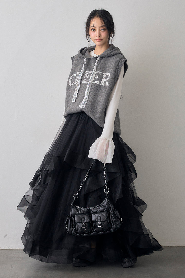 [予約/SET]レースリボンロゴフードスリーブレスニット+ランダムフリルティアードボリュームスカート(2set)