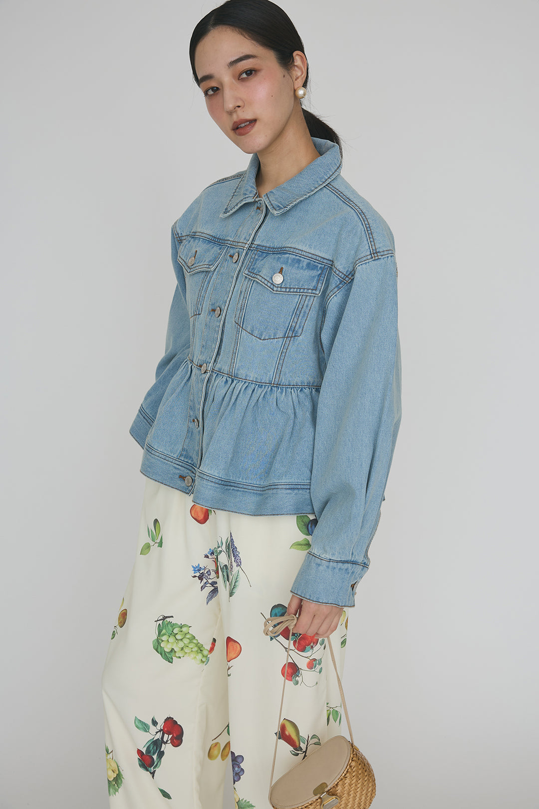 [予約/SET]ペプラムデニムジャケット+フルーツパターンストレートパンツ(2set)