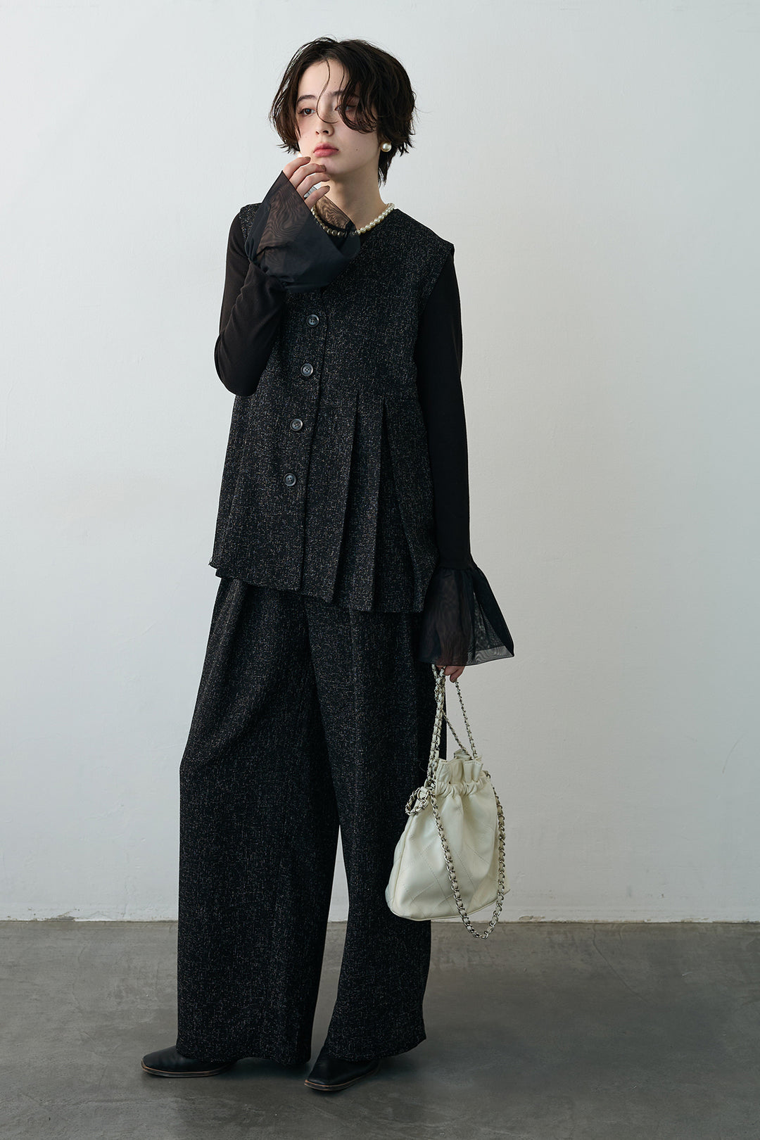 [予約/SET]サマーツイードボックスプリーツベスト+サマーツイードウエストラインタックパンツ(2set)