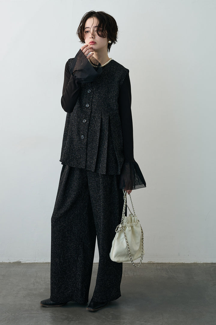 [予約/SET]サマーツイードボックスプリーツベスト+サマーツイードウエストラインタックパンツ(2set)