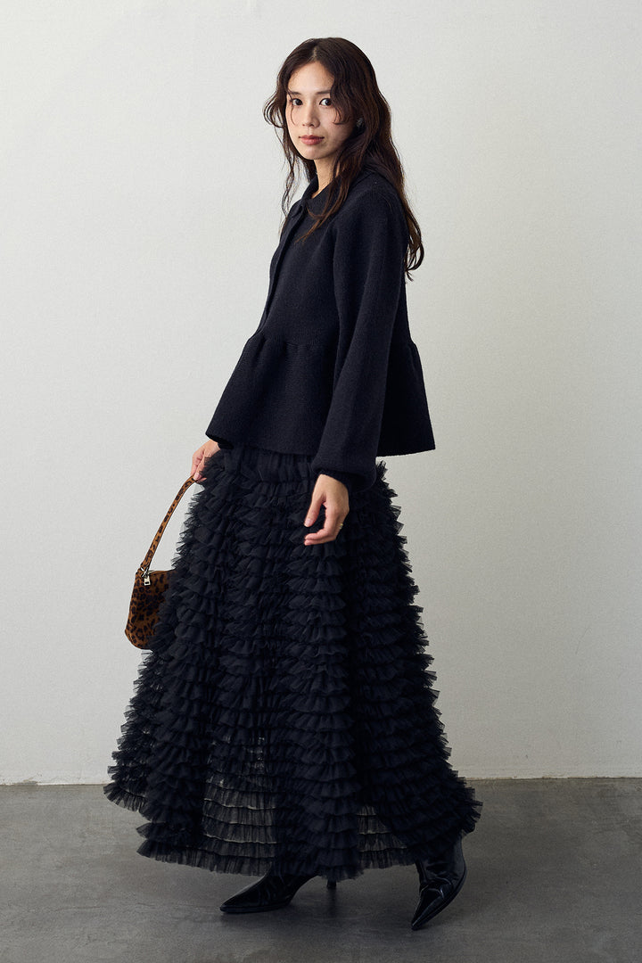 [予約/SET]ポロ襟ペプラムニットプルオーバー+ホイップチュールティアードスカート(2set)