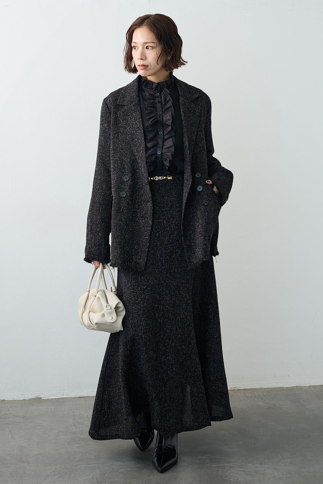 [予約/SET]エアリーフリルブラウス+スラブネップツイードフリンジテーラージャケット+スラブネップツイードフレアスカート(3set)
