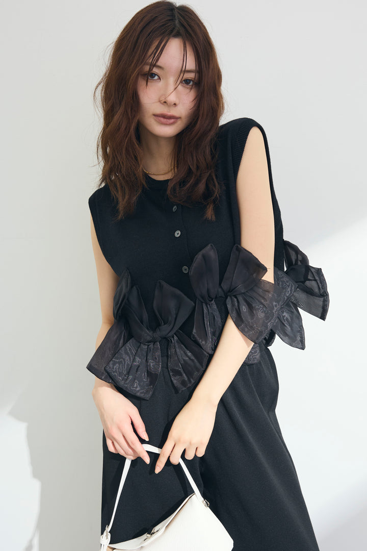 [予約]ヘムオーガンジーリボンスリーブレスニット