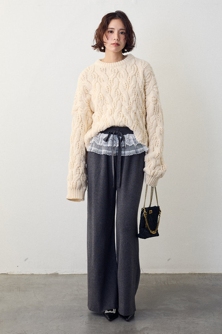[予約/SET]ニュアンスケーブルクロップドニット+ウエストレースニットストレートパンツ(2set)