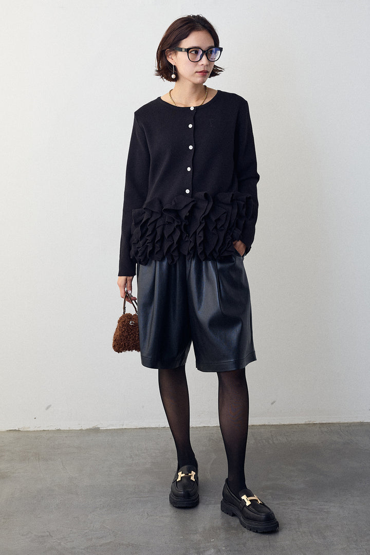 [予約/SET]フリルホイップニットカーディガン+レザーライクハーフパンツ(2set)