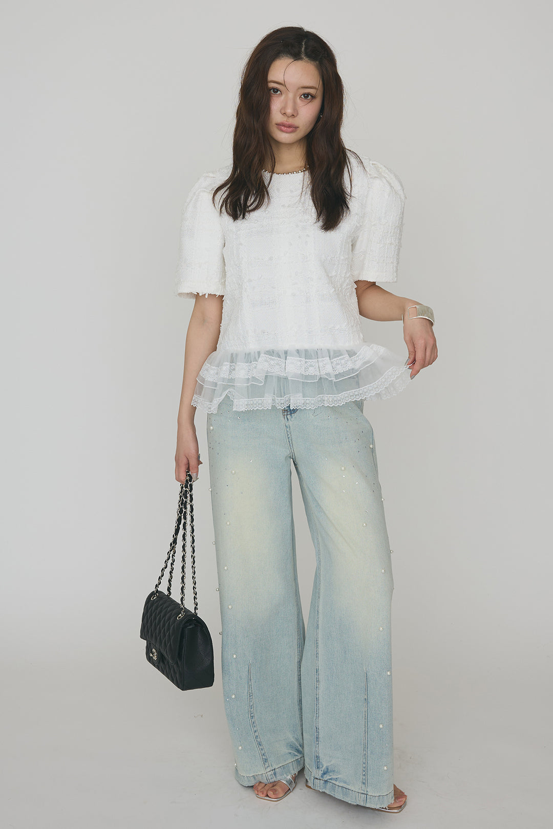 [予約/SET]サマーツイード異素材ドッキングトップス+パールラインストーンハイウエストデニム(2set)