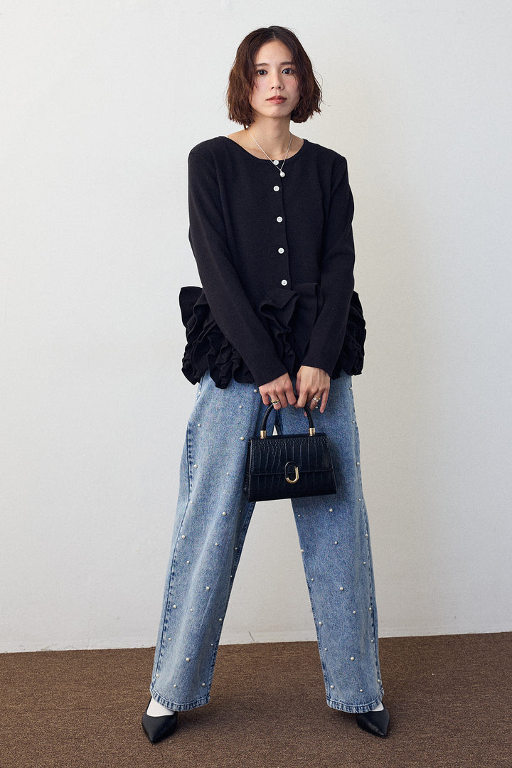 [予約/SET]フリルホイップニットカーディガン+パールスタッズストレートハイウエストデニム(2set)