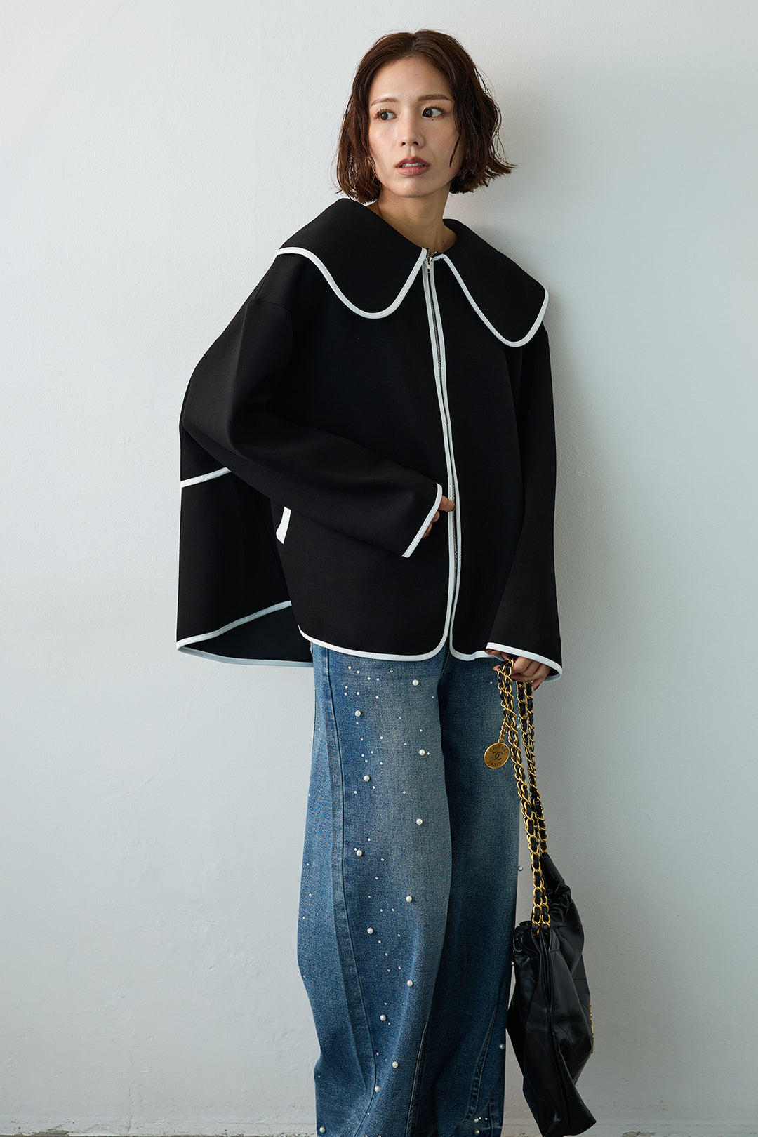 [予約]バイカラーボンディング襟付きコート