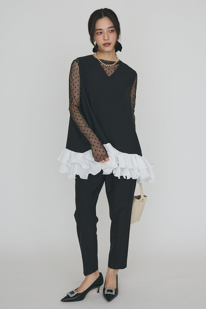 [予約/SET]異素材フリルヘムVネックチュニック+タックテーパードパンツ(2set)