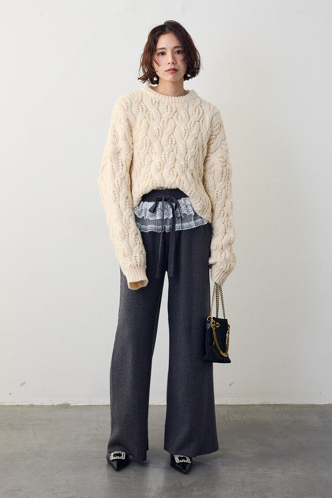 [予約/SET]ニュアンスケーブルクロップドニット+ウエストレースニットストレートパンツ(2set)
