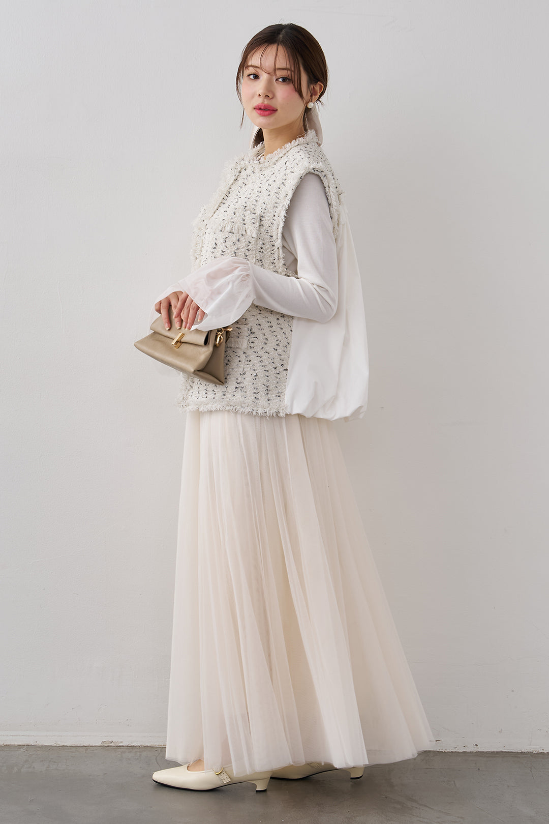 [予約/SET]チュールシアーカフスリブニット+異素材切り替えツイードベスト+エアリーチュールフレアスカート(3set)