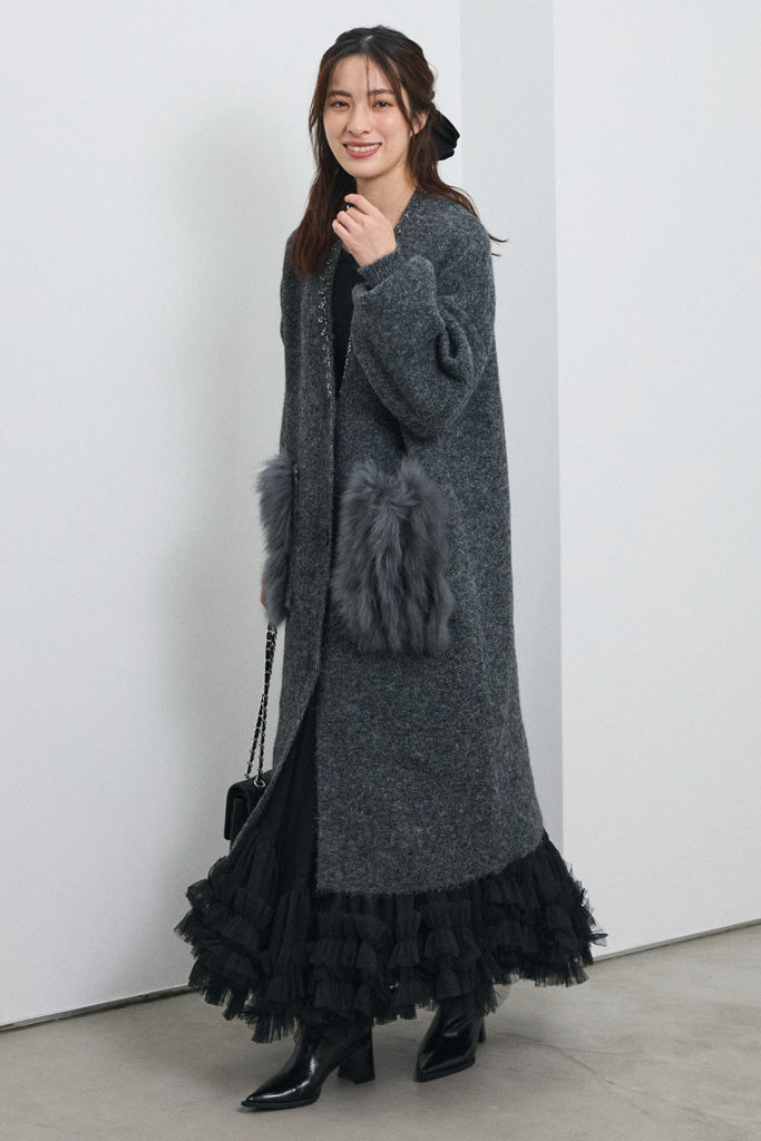 [予約]ファーポケットロングニットカーデ