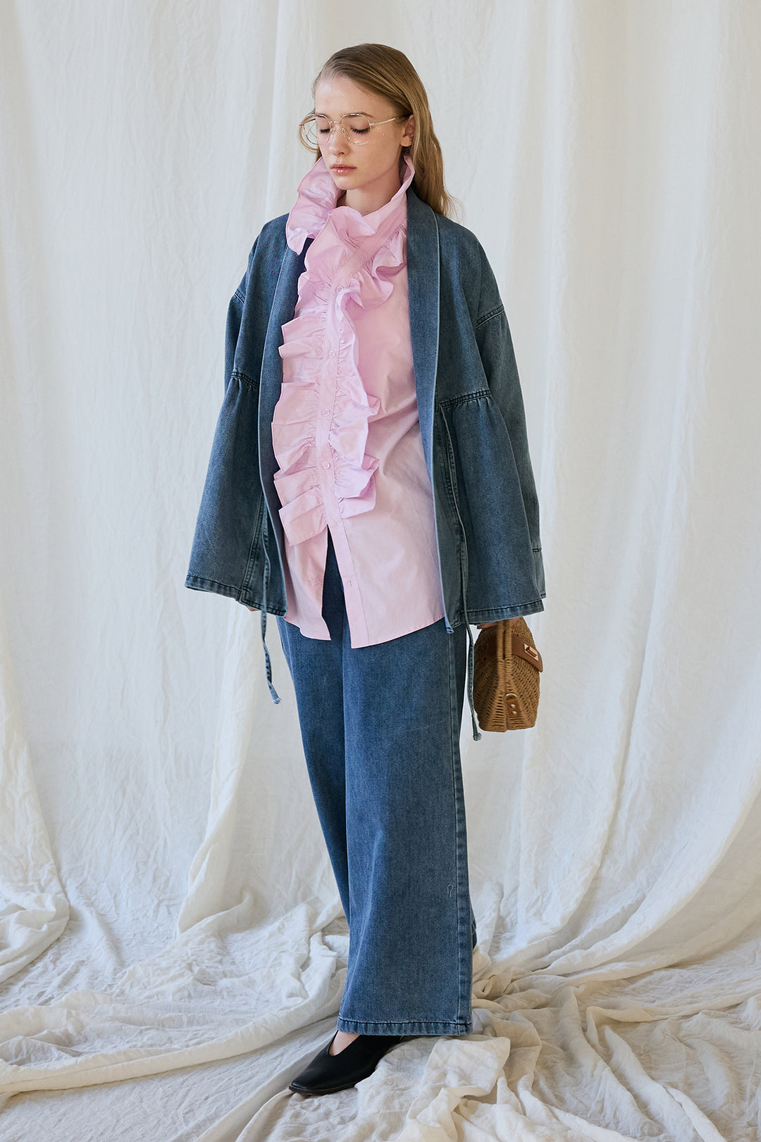 [予約/SET]ブルームカラーフリルブラウス+ノーカラーデニムルーズセットアップ(2set)