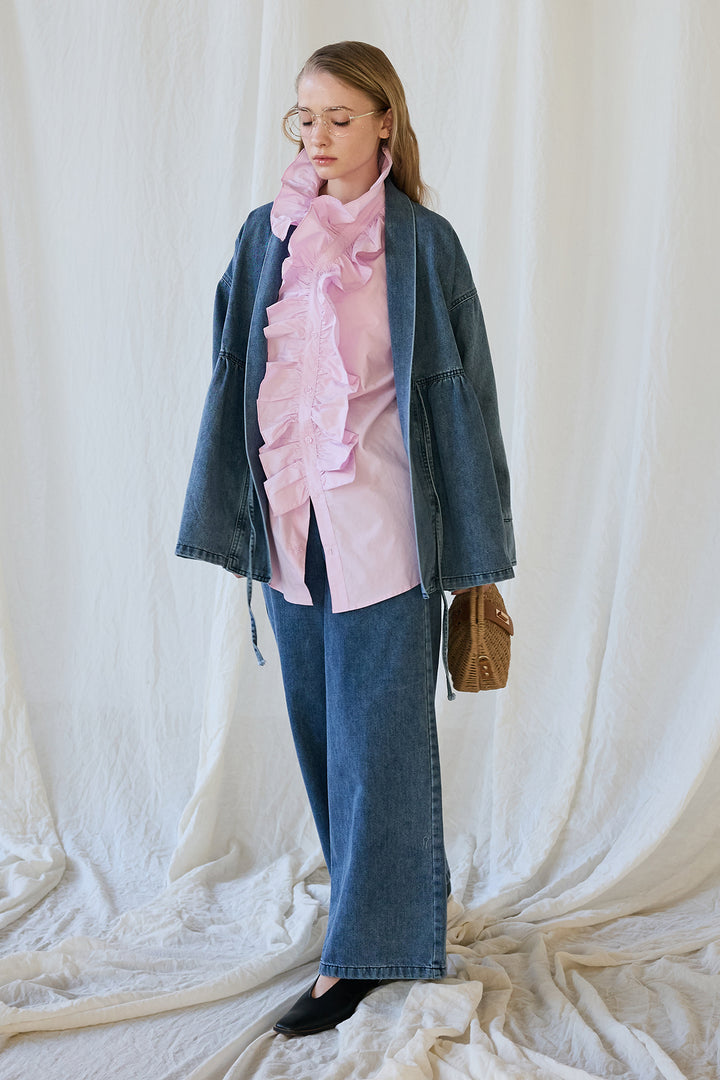 [予約/SET]ブルームカラーフリルブラウス+ノーカラーデニムルーズセットアップ(2set)
