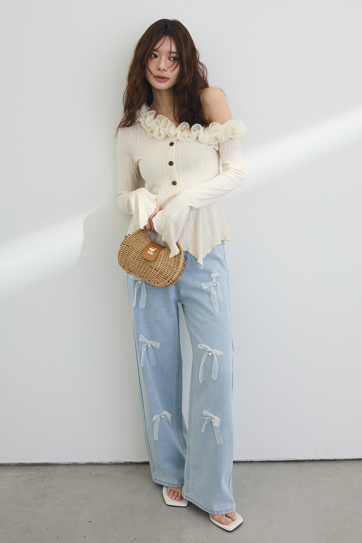 [予約/SET]フリルモチーフアシメオフショルフレアトップス+メニーリボン美ラインデニムパンツ(2set)