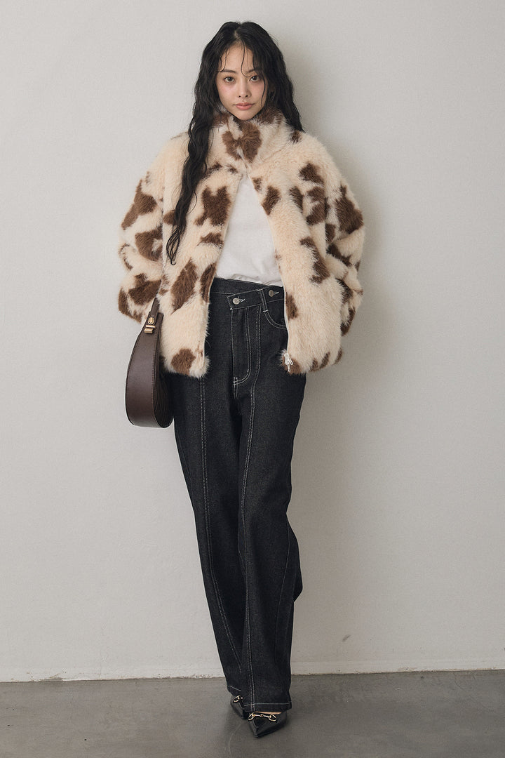 [予約/SET]COW柄スタンドファーライクコート+ウエストアシメデニムパンツ(2set)