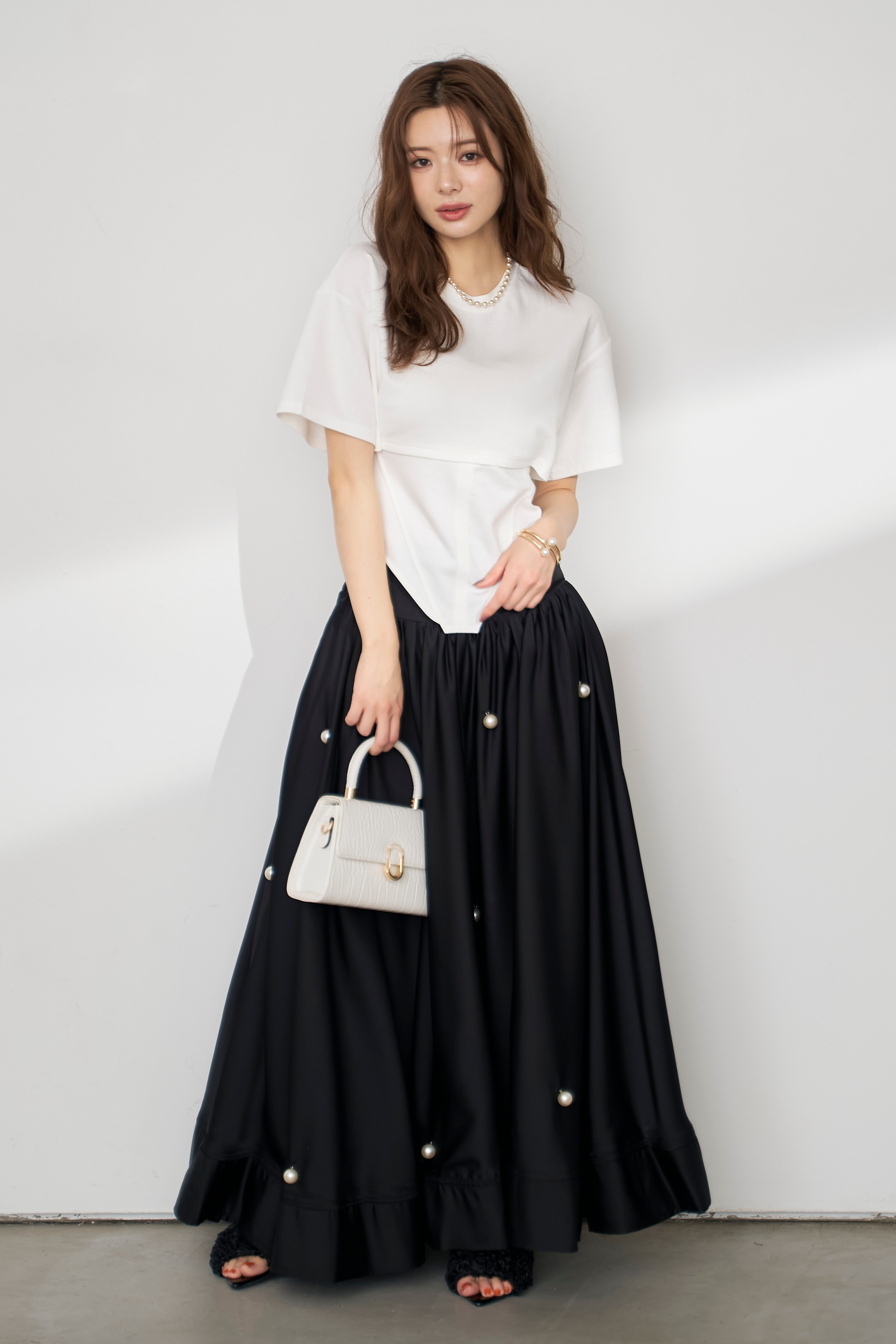 予約]ビッグパールデコレーションボリュームフレアスカート – Frene