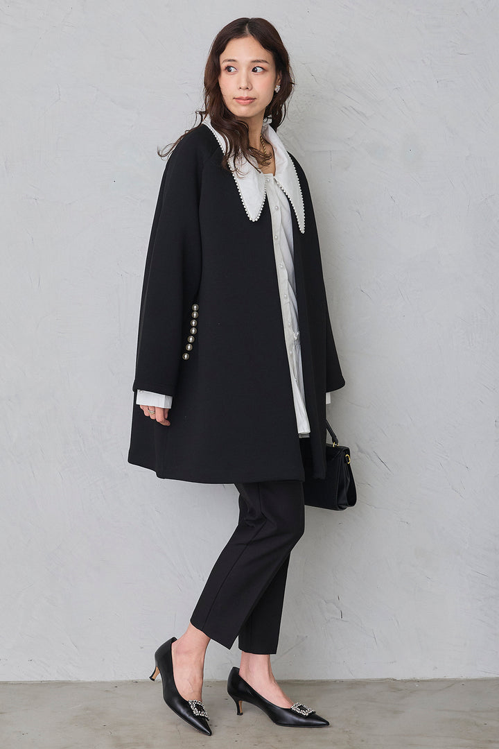 [予約/SET]パールライン襟×プリーツシャツ+ポケットパール付きダンボールコート+タックテーパードパンツ(3set)