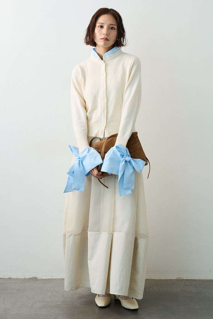 [予約/SET]BIGリボンカフスデザインニットドッキングカーデ+オーガンジー×タフタコクーンスカート(2set)
